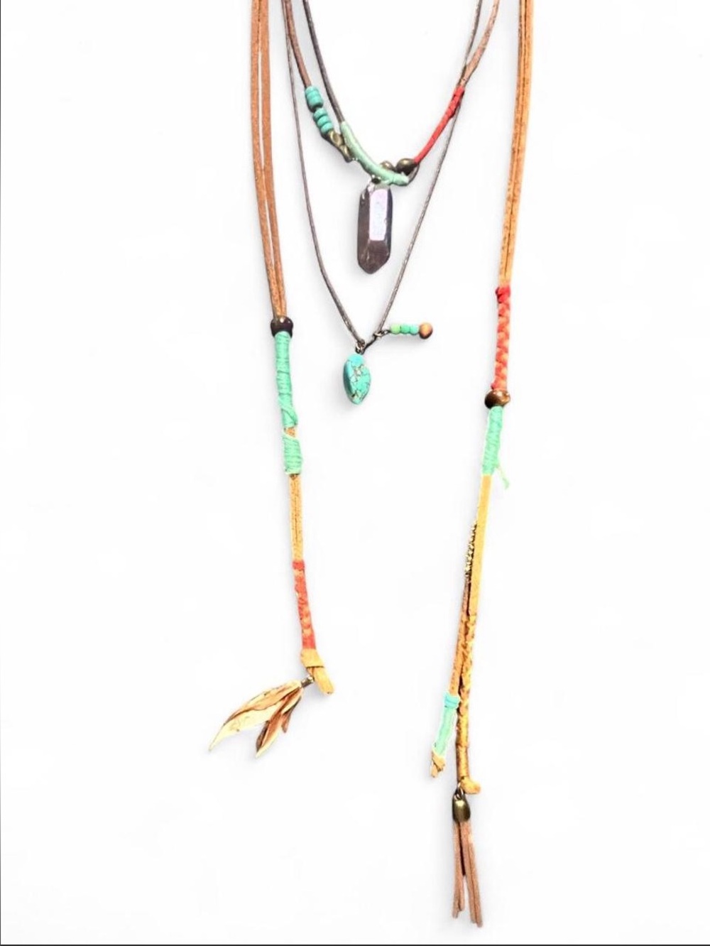 Boho Native American Leather/Turquoise/Crystal Necklace, Adjustable